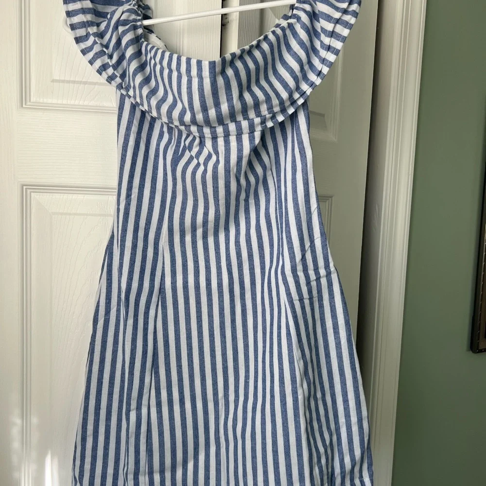 Brand New with Tags - Mini Off the Shoulder Dress Blue & White Striped by Lulus - Picture 2 of 3